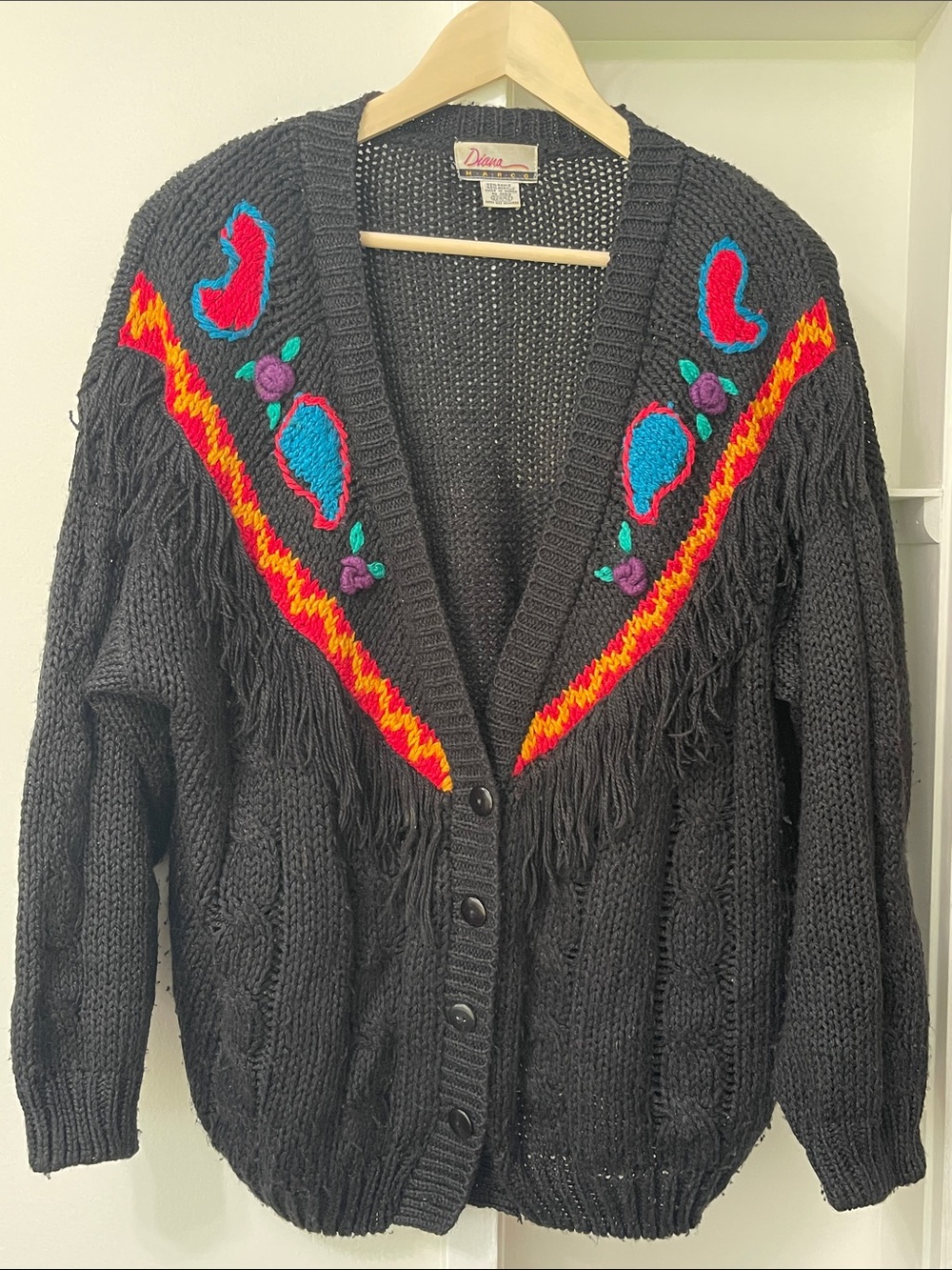 Vintage 1980s Diana Marco Heavy Knit Cardigan Sweater Western Fringe - Picture 4 of 14